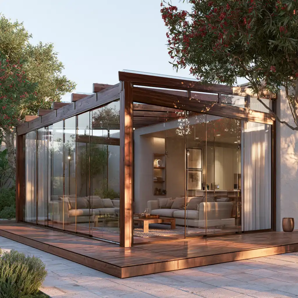 Porche de chalet cerrado con estructura de madera y cristal en la provincia de Jaén